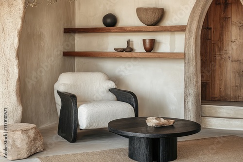 Armchair near black coffee table with wooden shelf and stucco wall. Japandi minimalist interior design. AI generated illustration.