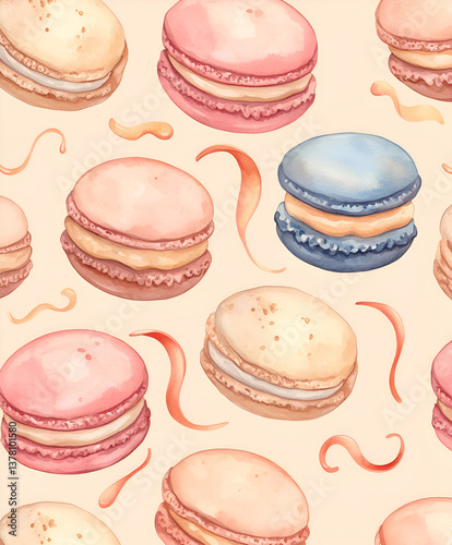 A whimsical candy-inspired pattern featuring watercolor macarons, cupcakes