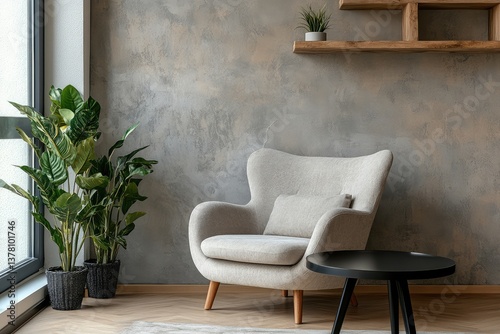 Armchair near black coffee table with wooden shelf and stucco wall. Japandi minimalist interior design. AI generated illustration.