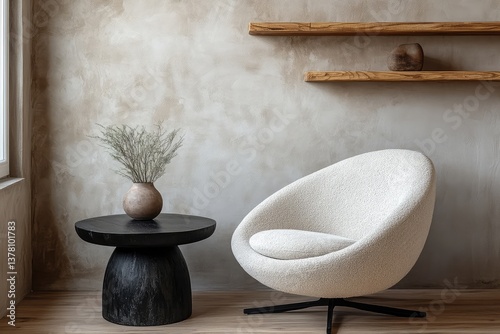 Armchair near black coffee table with wooden shelf and stucco wall. Japandi minimalist interior design. AI generated illustration.