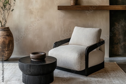 Armchair near black coffee table with wooden shelf and stucco wall. Japandi minimalist interior design. AI generated illustration.