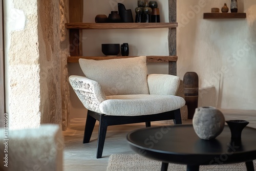 Armchair near black coffee table with wooden shelf and stucco wall. Japandi minimalist interior design. AI generated illustration.