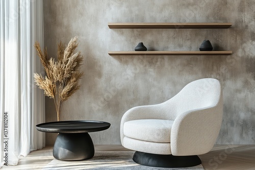 Armchair near black coffee table with wooden shelf and stucco wall. Japandi minimalist interior design. AI generated illustration.