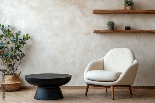 Armchair near black coffee table with wooden shelf and stucco wall. Japandi minimalist interior design. AI generated illustration.