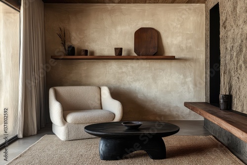 Armchair near black coffee table with wooden shelf and stucco wall. Japandi minimalist interior design. AI generated illustration.