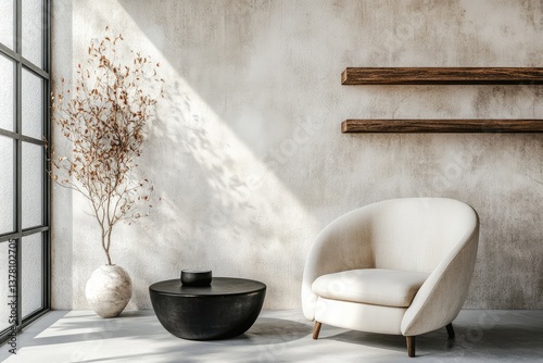 Armchair near black coffee table with wooden shelf and stucco wall. Japandi minimalist interior design. AI generated illustration.