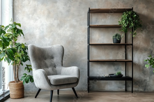 Armchair near black coffee table with wooden shelf and stucco wall. Japandi minimalist interior design. AI generated illustration.