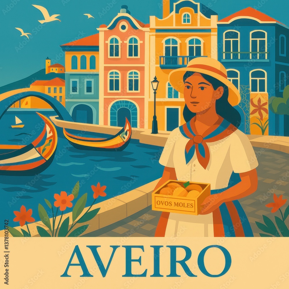 Colorful flat illustration of Aveiro with moliceiro boats and woman holding sweets