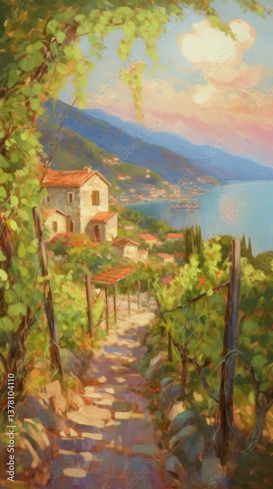 Fototapeta premium Painting vineyard architecture countryside.