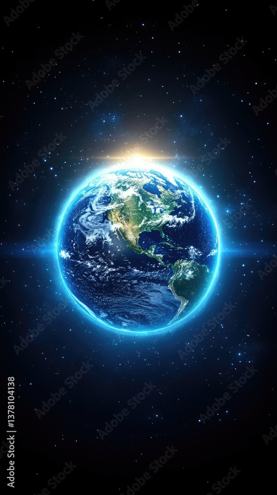 View of planet Earth with glowing blue light from space with many stars and sun View of planet Earth with glowing blue light from space with many stars and sun