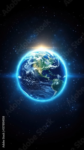 View of planet Earth with glowing blue light from space with many stars and sun