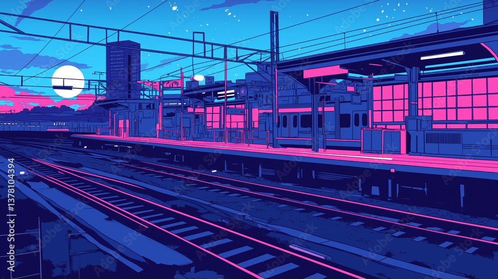 Fototapeta premium 幻想的な夜の都市と鉄道風景｜レトロなアニメ背景風の高精細イラスト素材｜月夜の下に広がる線路と都市ビル群が描く切ない風景｜ブルーとネオンが印象的な夜景アート