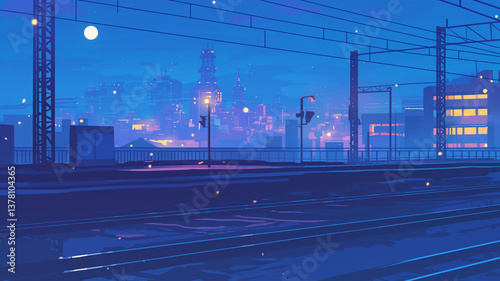 幻想的な夜の都市と鉄道風景｜レトロなアニメ背景風の高精細イラスト素材｜月夜の下に広がる線路と都市ビル群が描く切ない風景｜ブルーとネオンが印象的な夜景アート