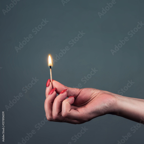 Slika na platnu A close-up of a woman's hand with red nails delicately holding a lit matchstick against a dark gray background