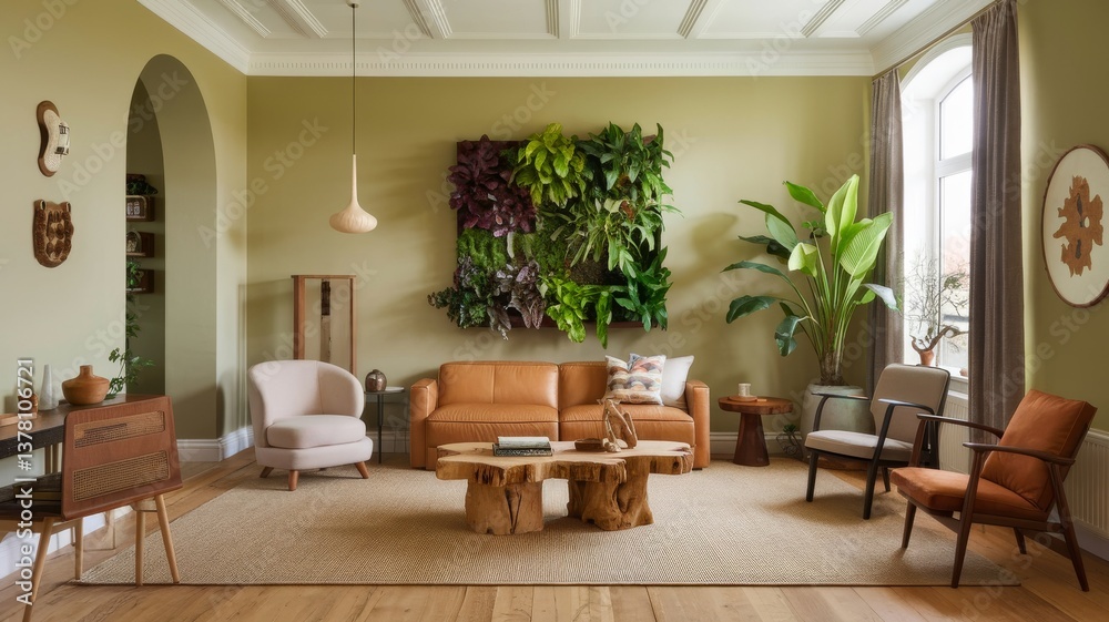 Fototapeta premium Cozy living room with a living wall, natural wood furniture, and stylish chairs set on a neutral rug and warm green backdrop.