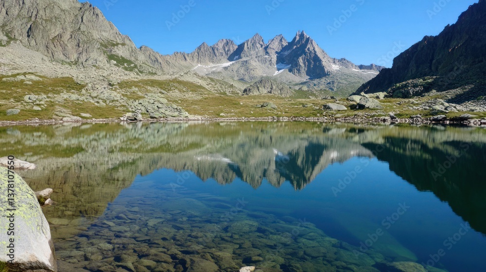 Obraz premium Mountain peaks reflect in a serene lake with clear waters