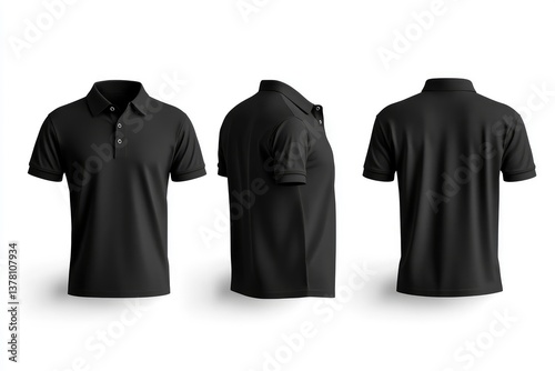 Black polo t-shirt mockup set with front, back, and side views on white background. AI generated illustration.