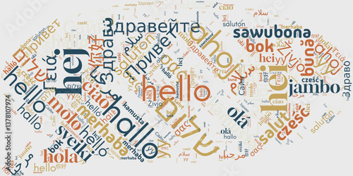 word cloud features "hello" in multiple languages, showcasing global greetings. Ideal for projects related to diversity, language, communication, travel, and international connections.