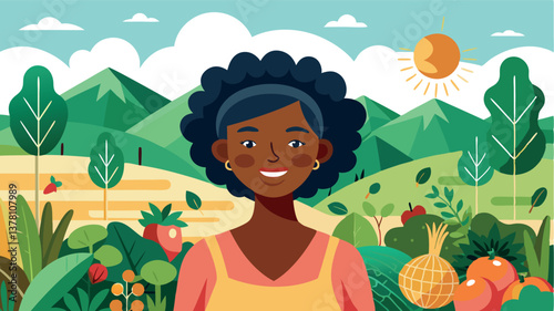 A woman smiles while working in a greenhouse among green plants. She is engaged in growing fresh vegetables on a sustainable farm. The bright sun illuminates her work.