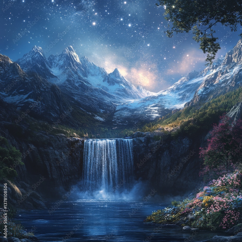 Fototapeta premium Enchanting stargaze: serene waterfall beneath majestic mountain peaks by night