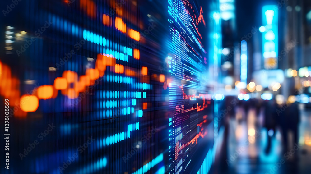 Dynamic stock market chart data displayed on a digital screen illuminated by city lights in the background Dynamic stock market chart data displayed on a digital screen illuminated by city lights in the background