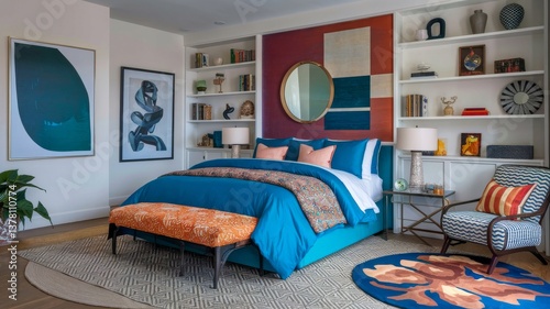 A brightly decorated bedroom features blue bedding and eclectic art. Stylish furnishings accent the inviting space.