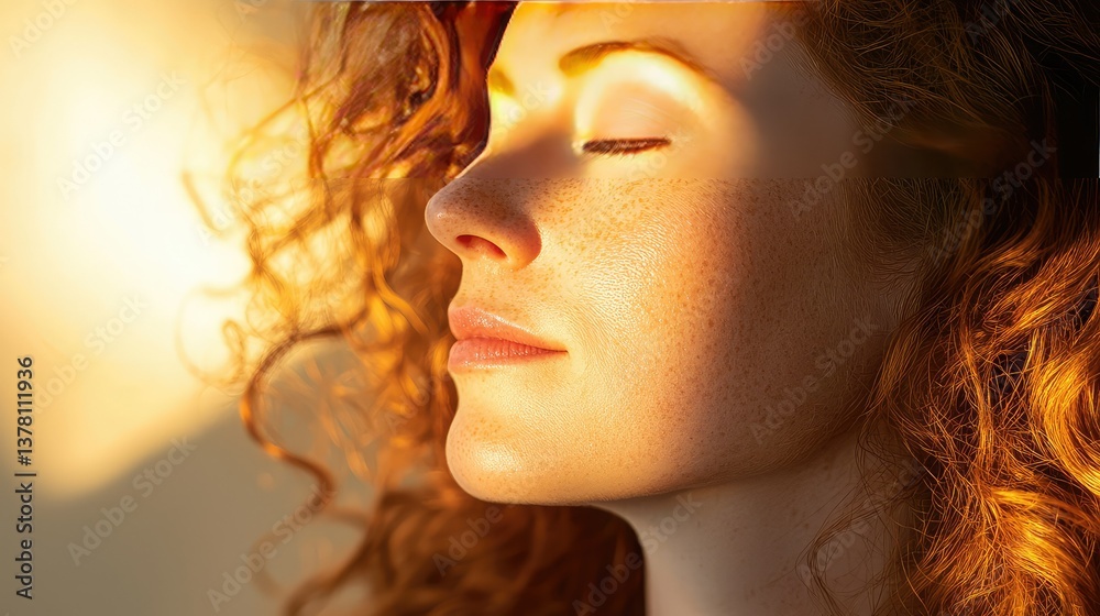 A soft golden hour-lit profile of a redhead woman with gentle curls and a dreamy expression. A soft golden hour-lit profile of a redhead woman with gentle curls and a dreamy expression.