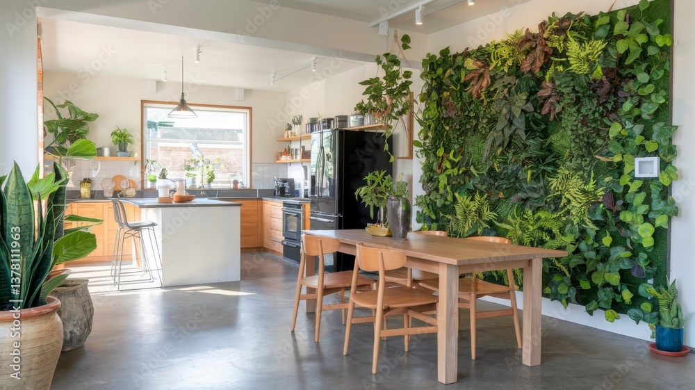 Fototapeta premium Bright, open kitchen with a living wall, promoting a healthy, plant-filled living space perfect for gatherings and everyday living.