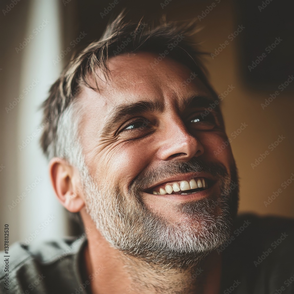 Obraz premium Close-up portrait of a happy middle-aged man smiling and looking up with visible laugh lines and stubble