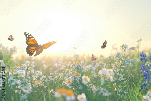 Monarch butterfly flying over a wildflower meadow in sunlight with several other butterflies in soft, dreamy background