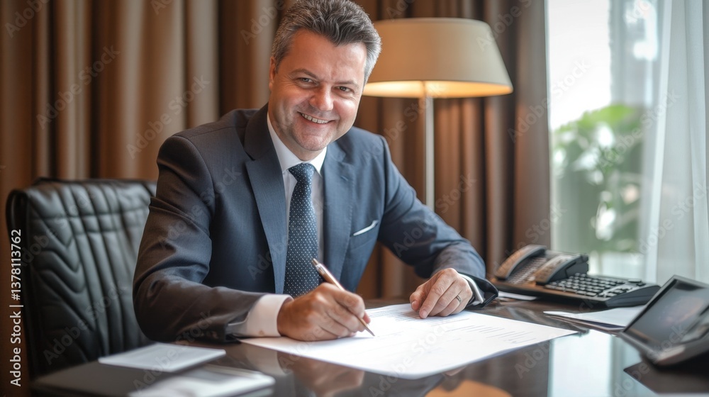 Obraz premium Confident businessman signing a document at office desk