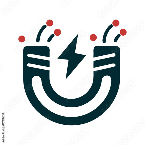 Electromagnet attracting particles in flat science icon