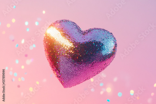 Glittery Heart-Shaped Object with Sparkles on Soft Pink Background