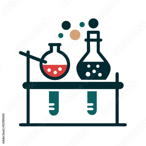 Chemistry table with lab flasks in flat science icon style