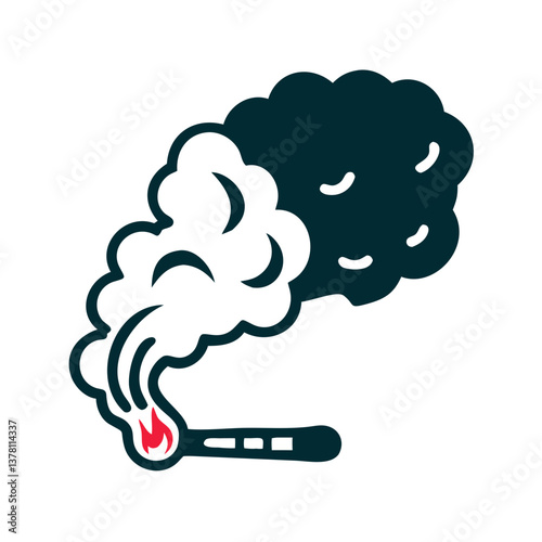 Burning cigarette with smoke cloud in flat harmful icon style