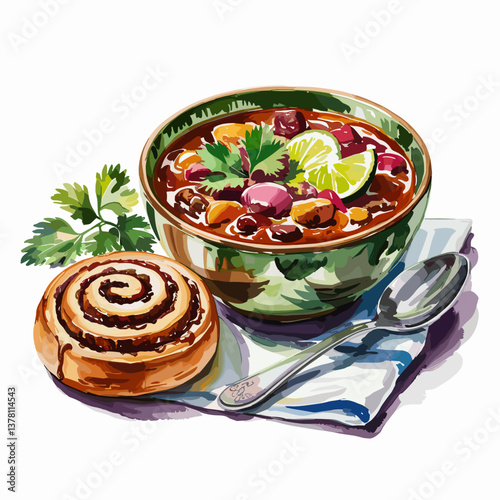 Watercolor Chili and Cinnamon Roll Comfort Combo