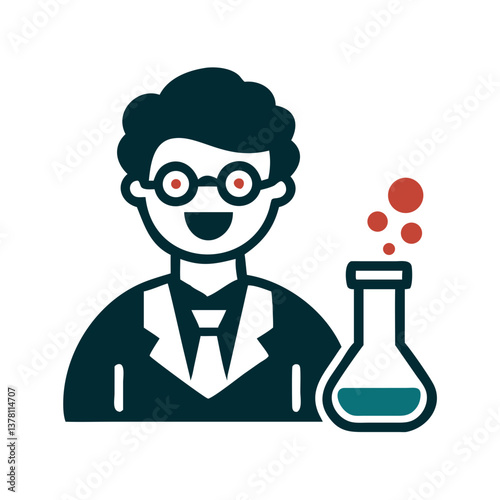 Male scientist with flask in flat science icon style