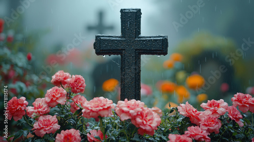 serene cemetery scene featuring black cross surrounded by vibrant pink roses, with raindrops adding touch of melancholy. atmosphere evokes reflection and remembrance