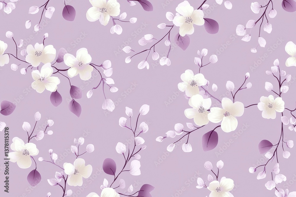 Floral pattern design featuring elegant white blooms soft purple background digital art aesthetic ambiance close-up view nature inspired Floral pattern design featuring elegant white blooms soft purple background digital art aesthetic ambiance close-up view nature inspired