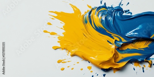 Dynamic swirl of yellow and blue paint in art studio abstract composition contemporary style close-up view creative inspiration