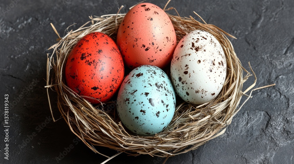 Obraz premium Colorful painted eggs nest in a beautiful decorative bird nest