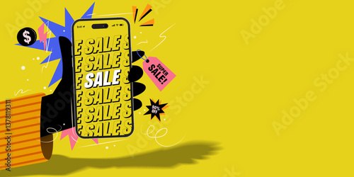 Colorful Digital Super Sale Mobile Shopping Advertisement with Discount Offer - Ecommerce Marketing Banner