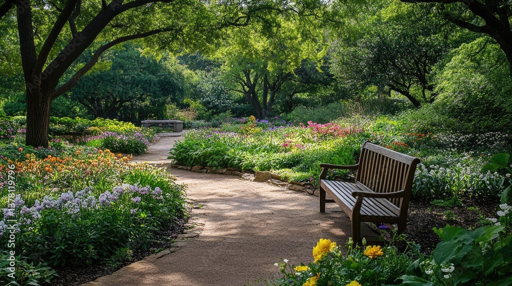 Dallas Arboretum Garden Scene: Park Bench Path Through Flowerbeds Dallas Arboretum Garden Scene: Park Bench Path Through Flowerbeds