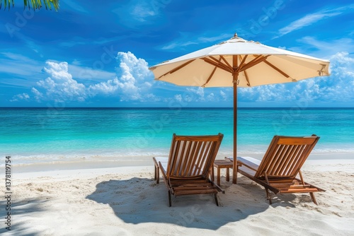 Chairs and umbrella on tropical beach with seascape view. AI generated illustration.