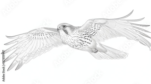 A kestrel icon in mid-flight with outstretched wings, drawn in a precise line art on a white background.
