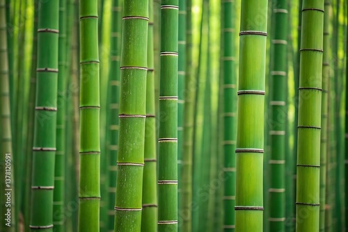 Serene bamboo forest, a tranquil escape into nature's vibrant green depths, showcasing the lush texture and calm atmosphere.