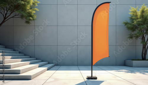 Wallpaper Mural Flag banner mockup. Orange feather flag banner mockup on black stand with blank background and outdoor stairs framed by greenery in sunny urban setting. Torontodigital.ca