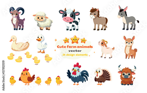 cute cartoon farm animals collection vector flat design