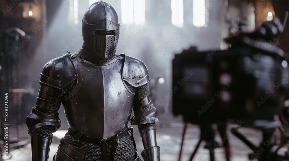 Knight in full armor during film shoot inside medieval castle interior setting. Knight in full armor during film shoot inside medieval castle interior setting.