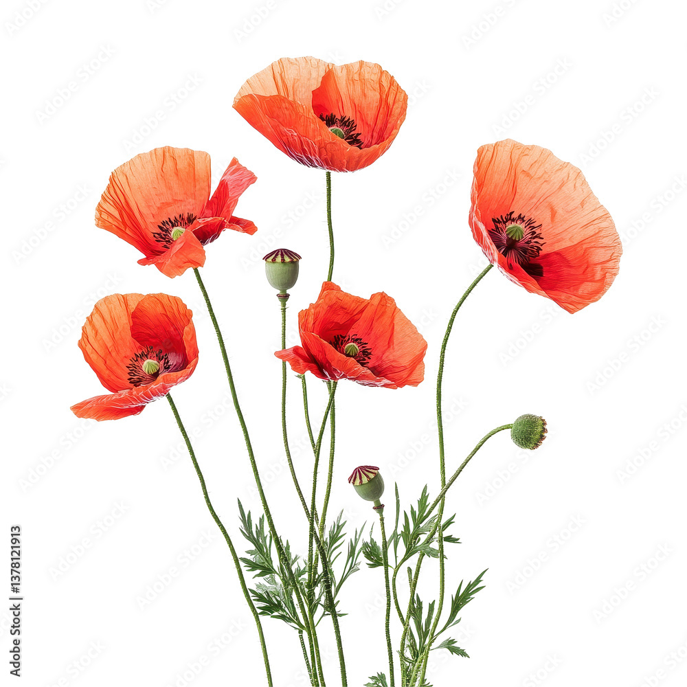 Obraz premium Elegant poppy flowers isolated against a Transparent background showcasing vibrant red petals and delicate green stems, Poppy flowers isolated on a PNG background